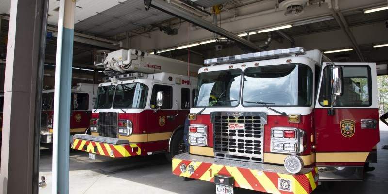 Fire trucks at a Peterborough Fire Services station.