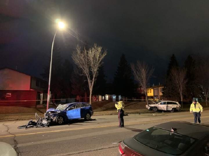 Edmonton police investigate a fatal collision along 38 Avenue near 55 Street Thursday, Nov. 5, 2020.
