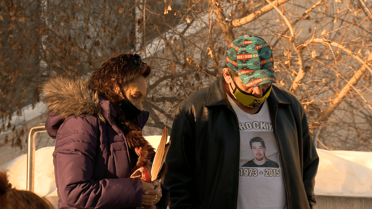 Shelley McNabb, left, and Jonas McNabb, right, observe a quiet moment outside of Saskatoon’s Court of Queen’s bench after Michael Robertson was found not guilty in the death of Rocky Genereaux.