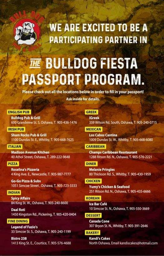 A list shows 17 Oshawa businesses that are participating in Eves’s ‘Bulldog Fiesta Passport’ program.