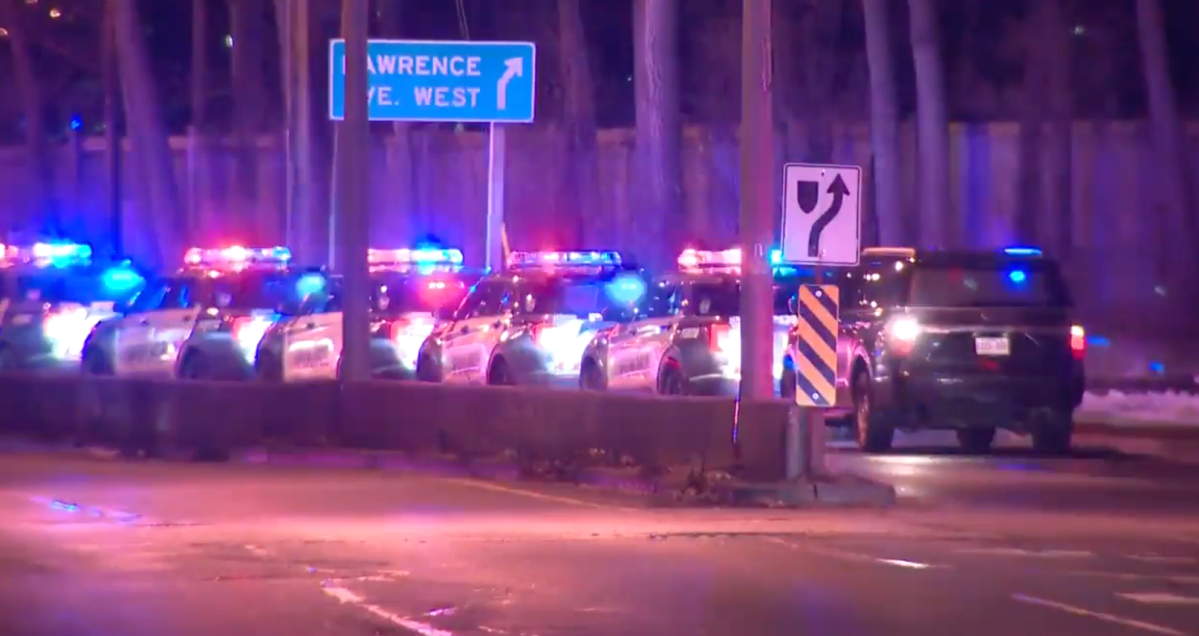 Dozens of police cars lined Bayview Ave. near Sunnybrook.