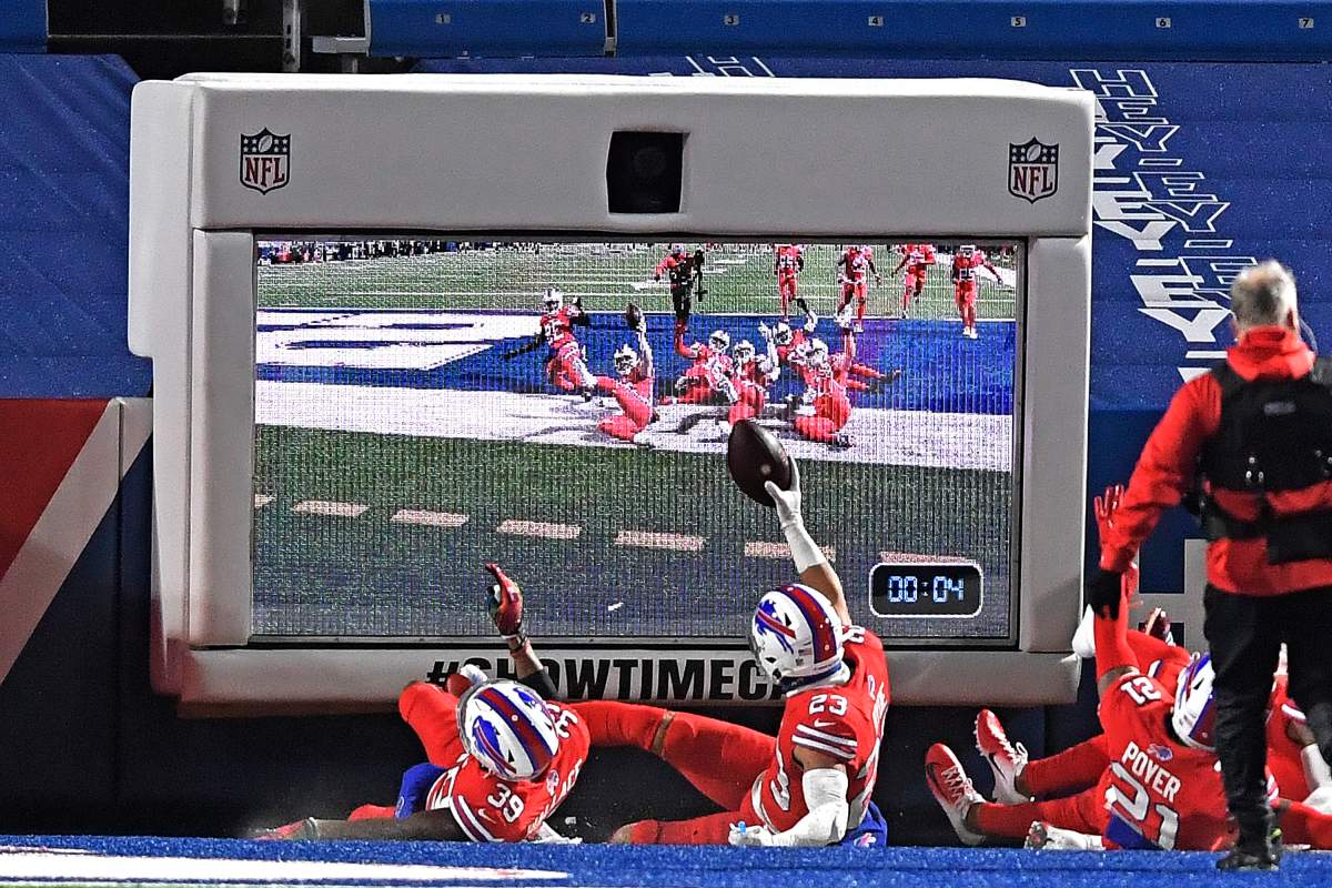 Buffalo Bills strong safety Micah Hyde (23) celebrates his interception during the second half of an NFL football game against the Pittsburgh Steelers in Orchard Park, N.Y., Sunday, Dec. 13, 2020. The Bills won 26-15.
