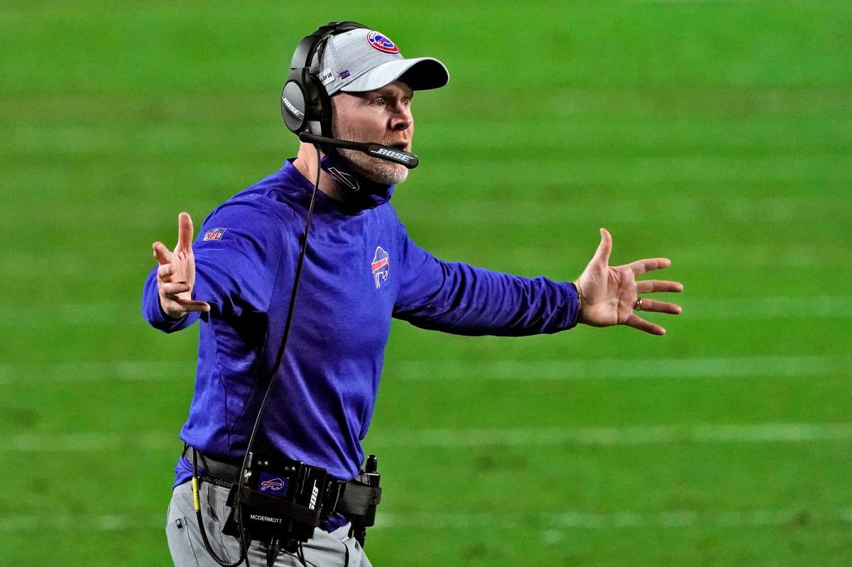 Buffalo Bills head coach Sean McDermott reacts during the first half of an NFL football game against the San Francisco 49ers, Monday, Dec. 7, 2020, in Glendale, Ariz.