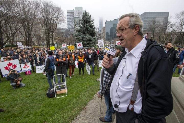 Ontario independent MPP Randy Hillier speaks to anti-lockdown protesters at the Ontario Legislature in Toronto on Thursday November 26, 2020. 