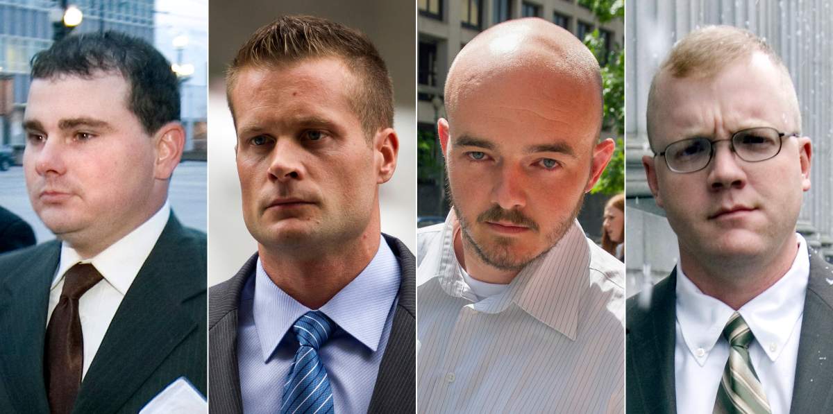 FILE - This combination made from file photo shows Blackwater guards, from left, Dustin Heard, Evan Liberty, Nicholas Slatten and Paul Slough. On Tuesday, Dec. 22, 2020, President Donald Trump pardoned 15 people, including Heard, Liberty, Slatten and Slough, the four former government contractors convicted in a 2007 massacre in Baghdad that left more a dozen Iraqi civilians dead and caused an international uproar over the use of private security guards in a war zone. (AP Photo/File).