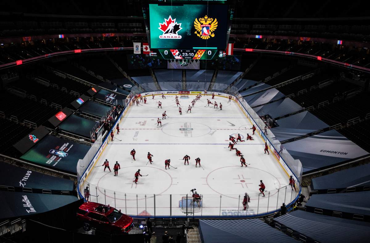Canada and Russia take to the ice for warm up during IIHF World Junior Hockey Championship pre-competition action in Edmonton on Wednesday, December 23, 2020. 