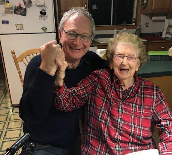 New Brunswick Premier Blaine Higgs and his mother, Bertha Higgs who turns 100-years-old on Dec. 31, 2020, are shown in a handout photo from the premier. 
