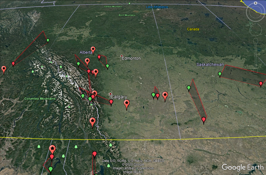 A map of possible meteor and meteorite sightings over and near Alberta in 2020 provided by the American Meteor Society