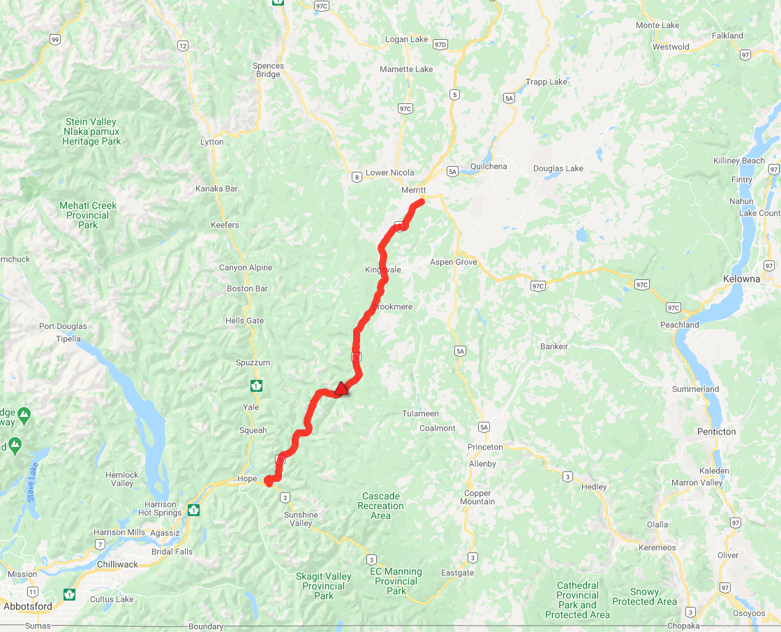 The Coquihalla was closed between Hope and Merritt on Monday afternoon due to treacherous road conditions.
