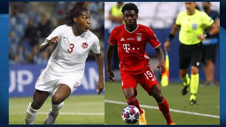 Canadians Alphonso Davies (right), in a historic first, and Kadeisha Buchanan (left) have both made FIFPRO's list of the top 55 soccer players in the world.