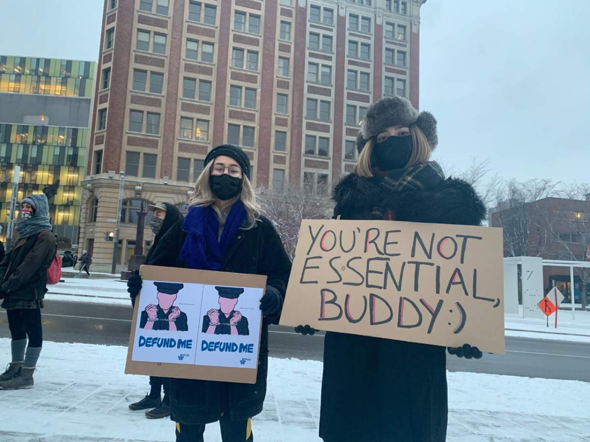 Defund the Police protesters in Montreal near the SPVM headquarters. Wednesday December 9, 2020.