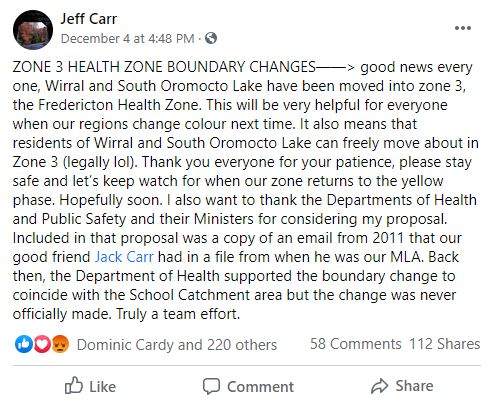 A New Brunswick MLA posted to Facebook Friday with the first word that Public Health boundaries would be altered.