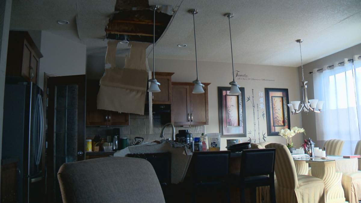 The ceiling on the main floor is caving in.
