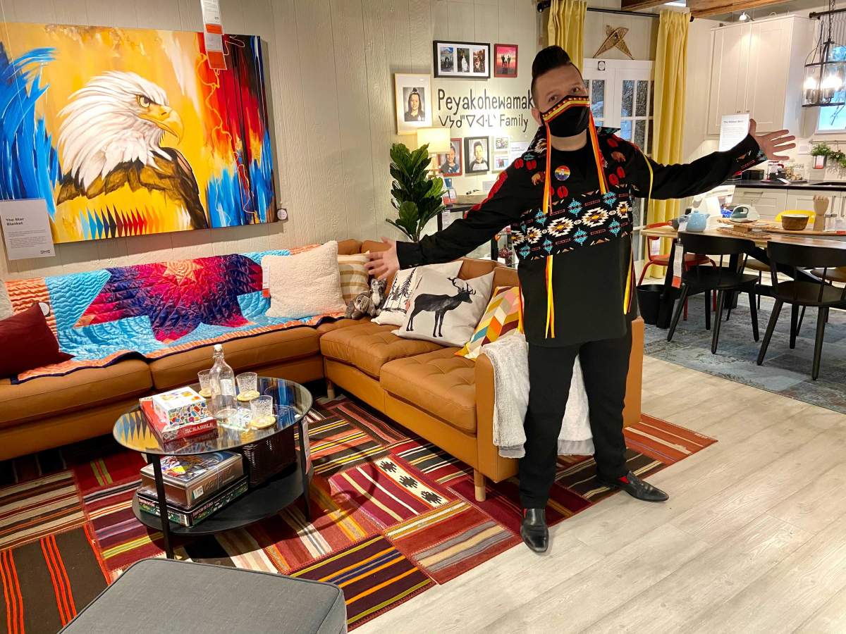 Artist Lance Cardinal in the IKEA showroom he helped design, meant to showcase a modern Indigenous family home. 