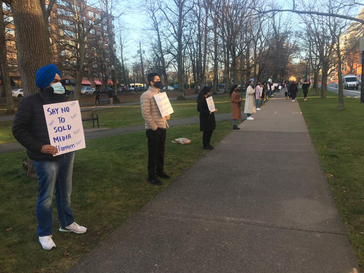 Dozens protested on the streets of Halifax in solidarity with Indian farmers protesting new agriculture laws.