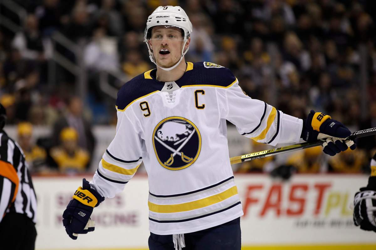Buffalo Sabres' Jack Eichel prepares for a face-off during the second period of the team's NHL game against the Pittsburgh Penguins in Pittsburgh, Saturday, Feb. 22, 2020.