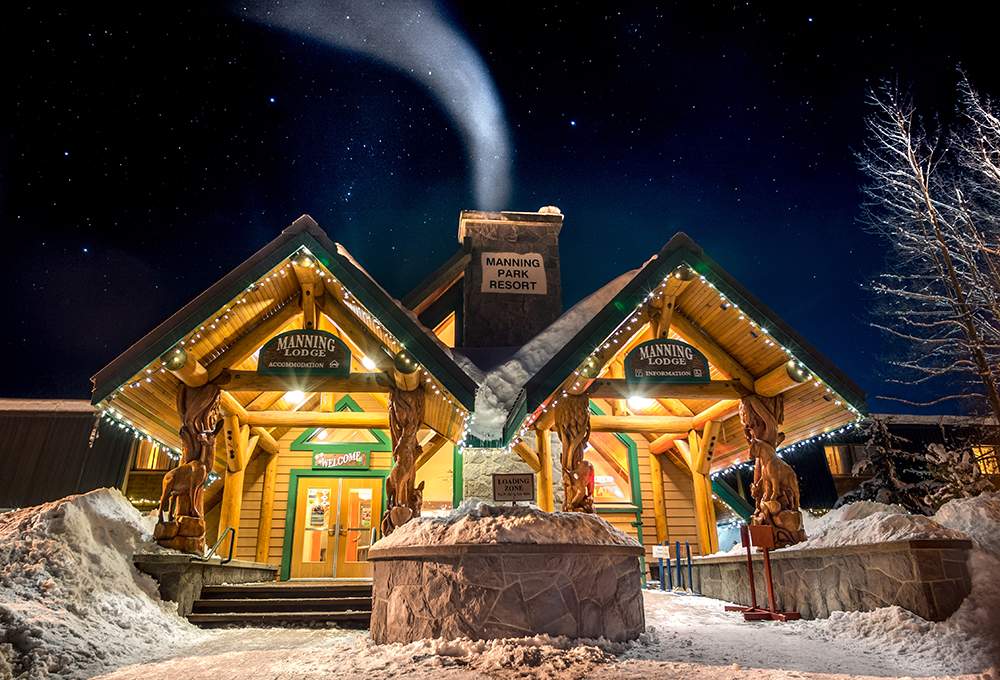 Manning Park’s lodge at night.