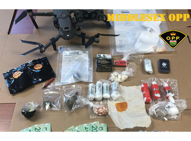 Middlesex OPP say a large quantity of drugs were seized during the arrest, including crack cocaine, crystal meth and fentanyl.