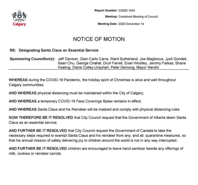 A motion by the city of Calgary Dec. 14, 2020 to declare Santa an essential service.