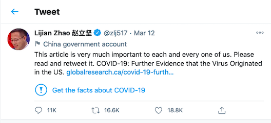 In March, a COVID-19 conspiracy theory from a Canadian website was posted on Twitter by China’s foreign ministry spokesperson.