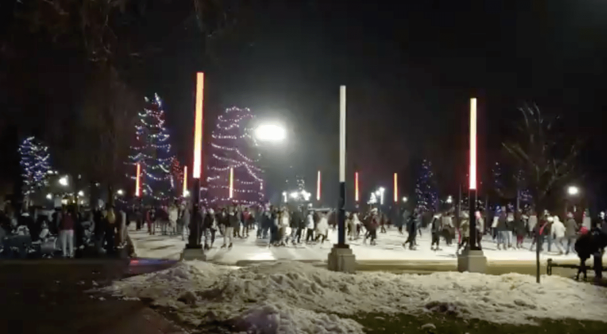 A screenshot of a video capturing approx. 150 skaters on the ice at London, Ont.,'s Victoria Park public ice rink on Friday night.