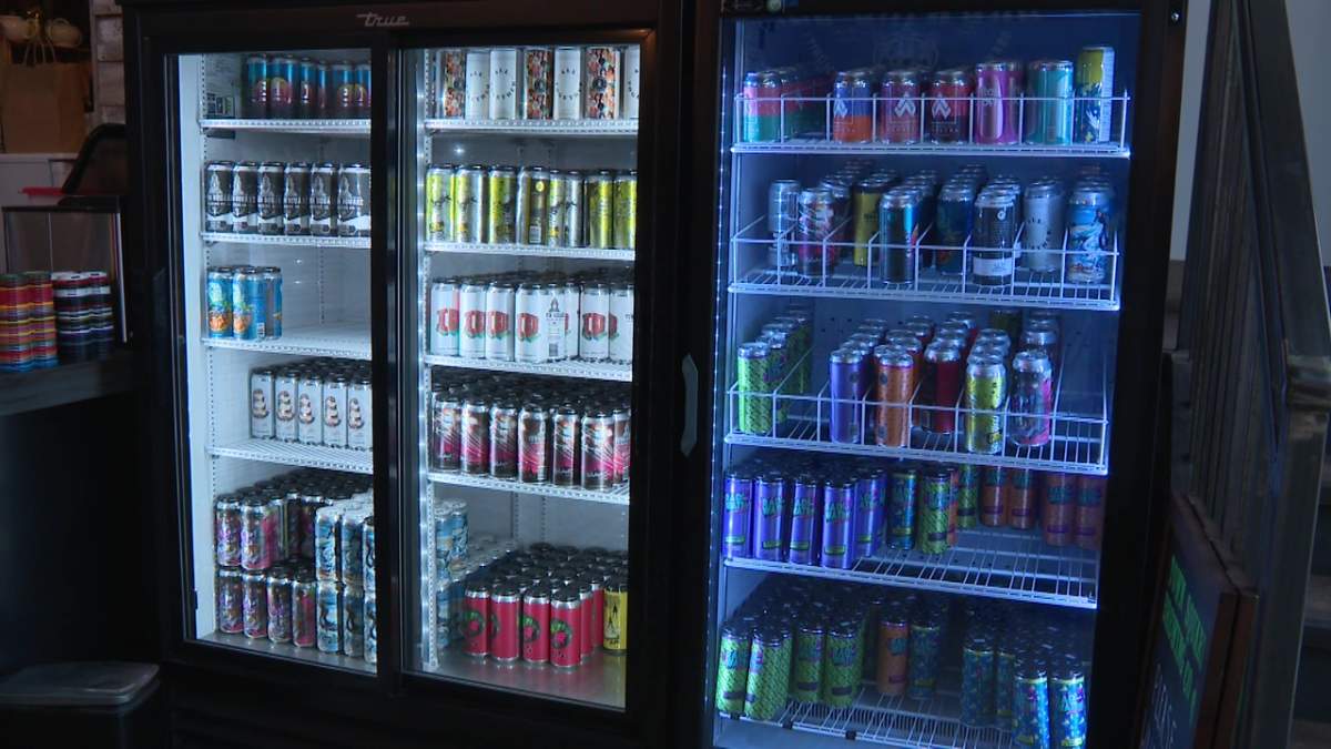 Beer in a cooler at Town Square Brewing in Edmonton, Alta.