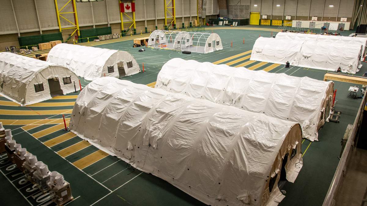 Work to set up an Alternate Care Centre (ACC) at the Butterdome on the University of Alberta campus in Edmonton, Alta.