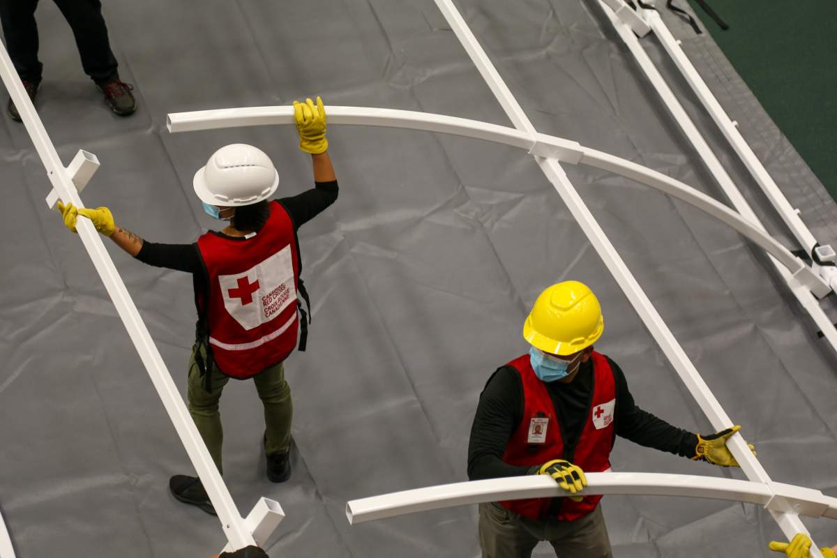 Work to set up an Alternate Care Centre (ACC) at the Butterdome on the University of Alberta campus in Edmonton, Alta.