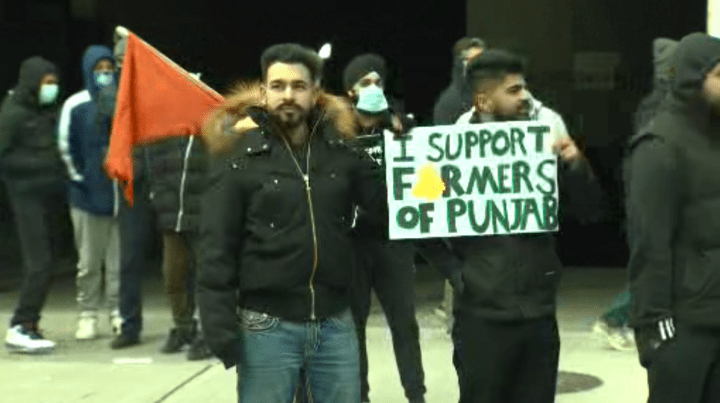 Demonstrators against new Indian agriculture laws rallied in Toronto on Saturday.