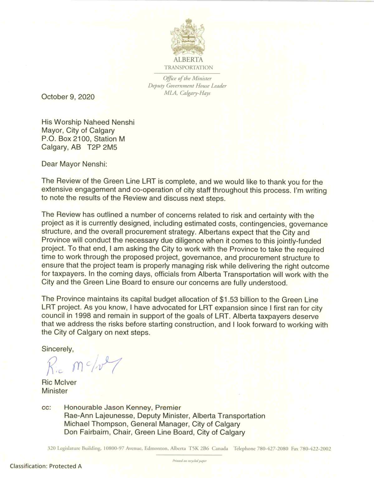 The letter Transport Minister Ric McIver sent to Calgary Mayor Naheed Nenshi on Oct. 9.