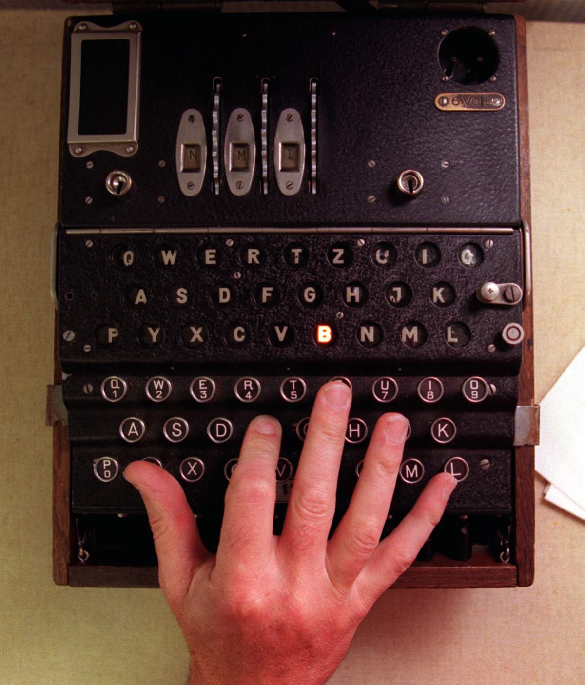 An Enigma machine is shown at Bletchley Park in the United Kingdom on June 10, 1999.
