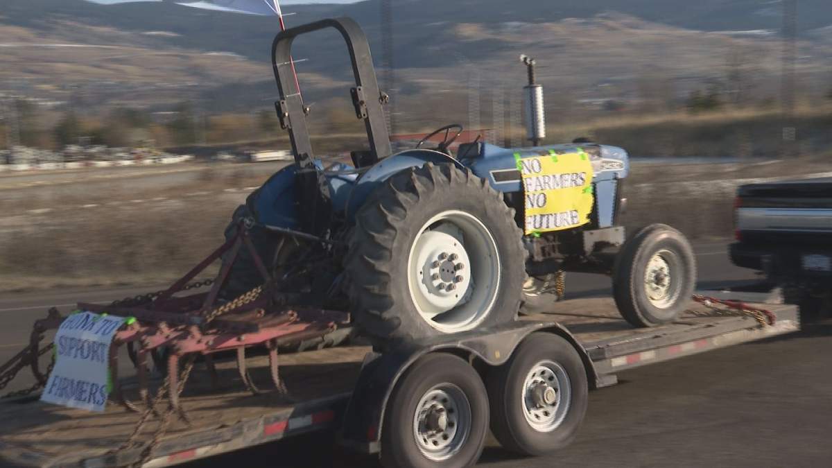 Farm equipment was towed behind trucks as part of a Kelowna motorcade in solidarity with farmers in India.