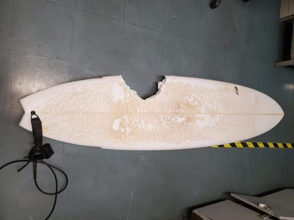 A victim’s surfboard is shown following a shark attack in Hawaii on Dec. 8, 2020.