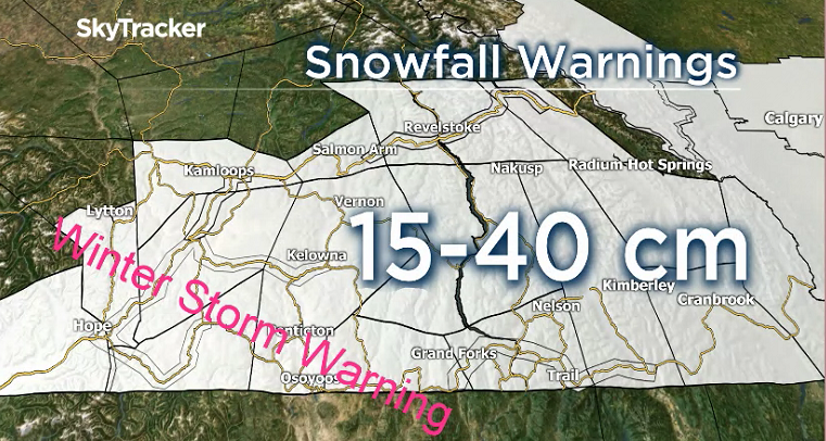 Snowfall warnings in effect Monday. Credit: Global SkyTracker
