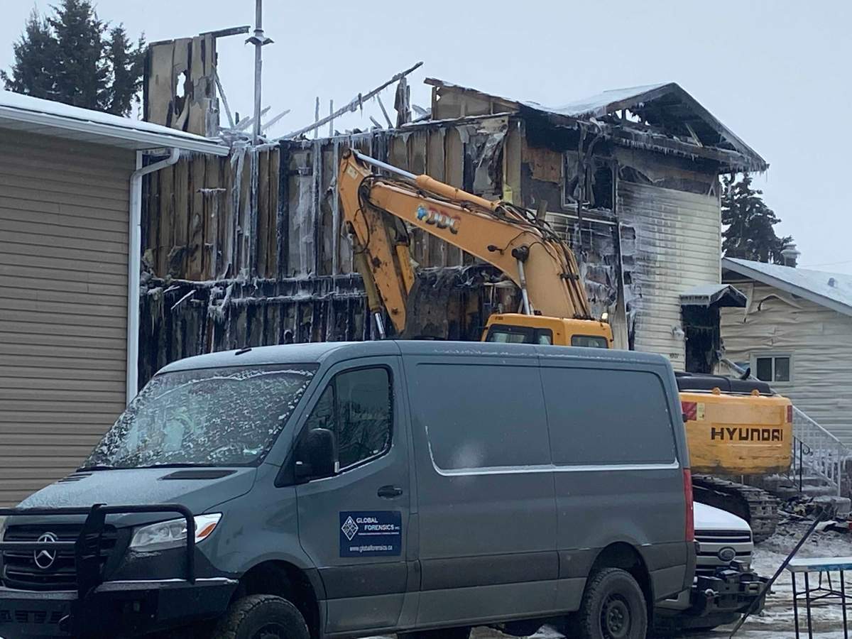 A duplex fire in Evansburg, Alta., is believed to have left two people dead. Jan. 27, 2021.