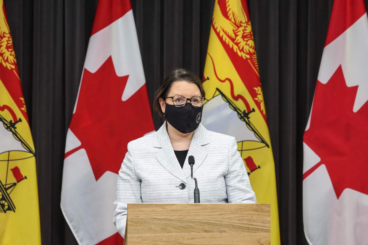 Dr. Jennifer Russell speaks at a press briefing in Fredericton on Thursday, Jan. 21, 2020.