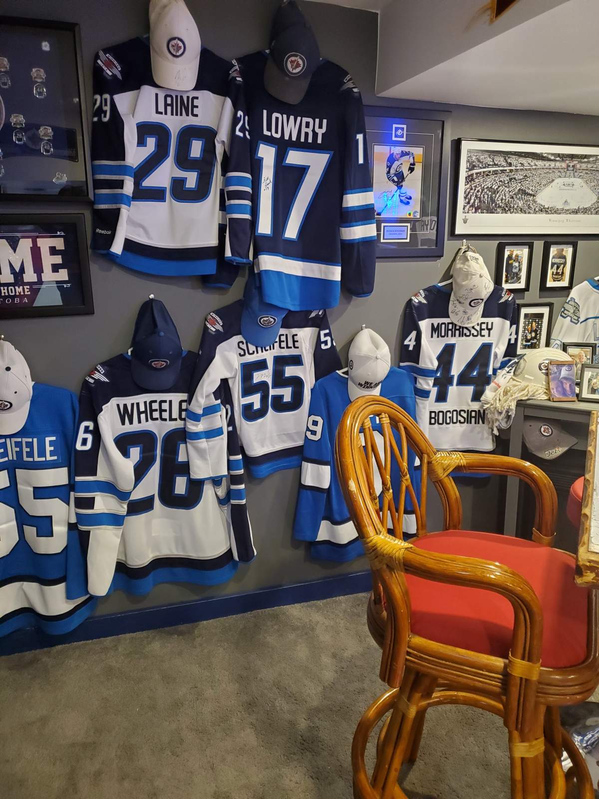 Greg Burnett has outfitted his basement with Winnipeg Jets gear.