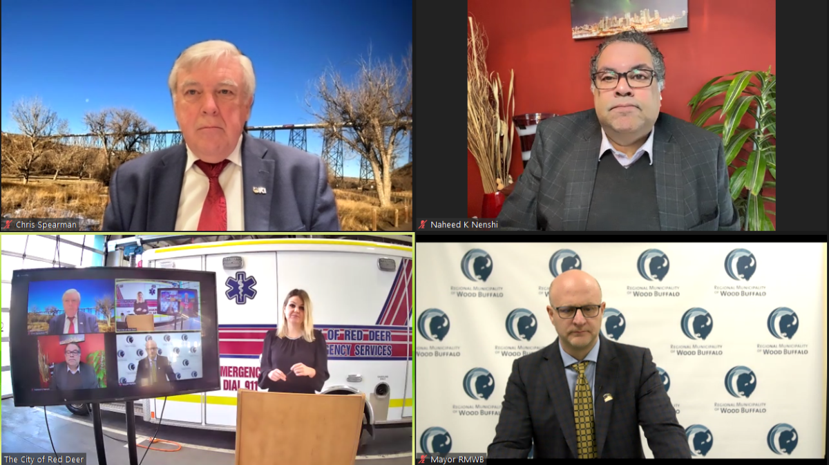 Mayors Chris Spearman, Naheed Nenshi, Tara Veer and Don Scott appear in a virtual press conference on Jan. 11, 2021 to call for Alberta Health Services to pause EMS dispatch consolidation, set to begin in Red Deer and Lethbridge on Jan. 12, 2021.