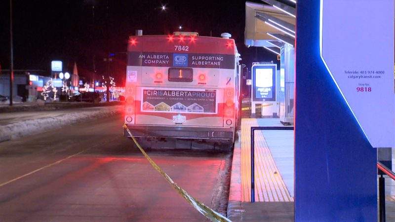 Police investigate after a woman was run over by a Calgary Transit bus on Monday, Jan. 4, 2021.