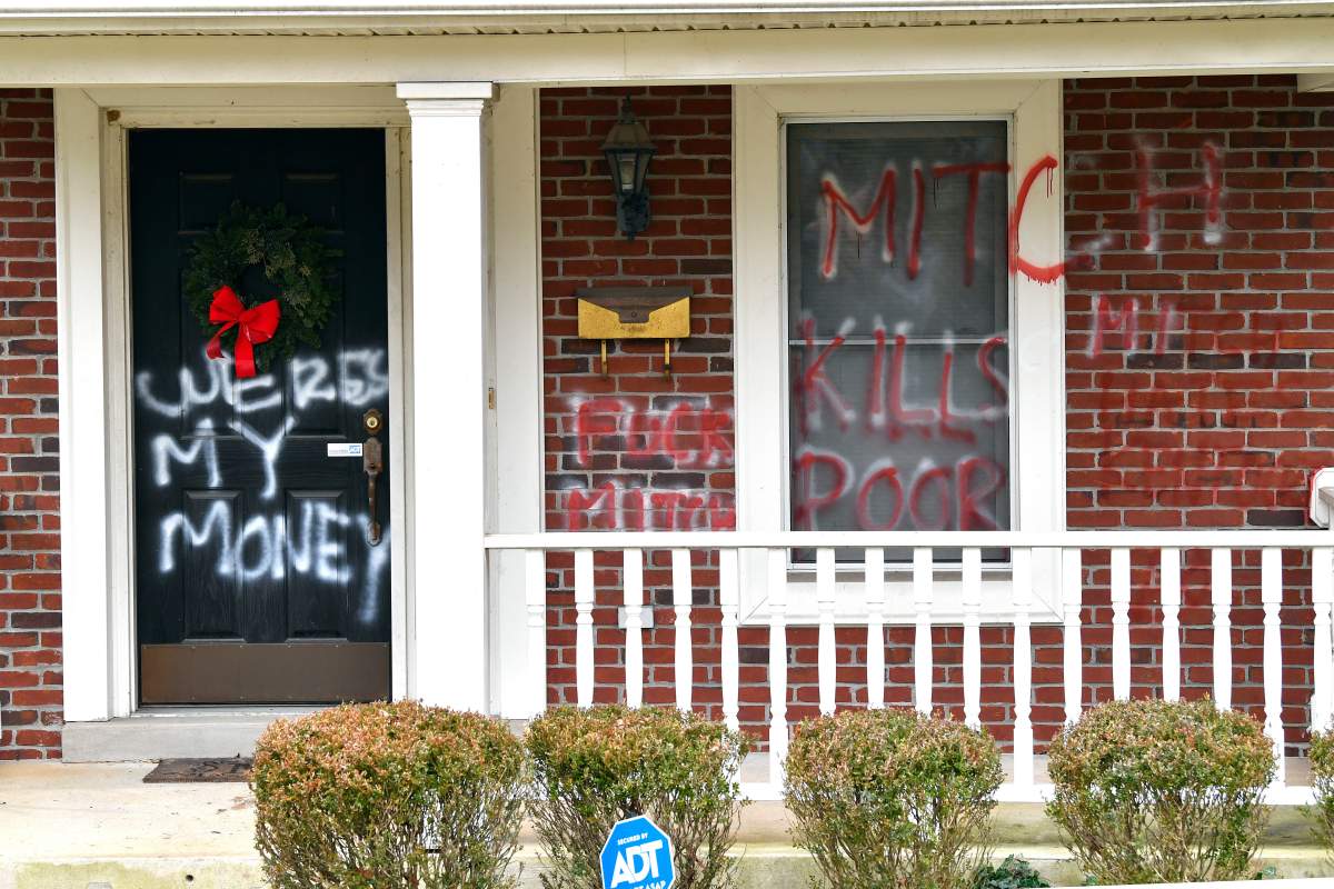 EDS NOTE: OBSCENITY – The home of Senate Majority Leader Mitch McConnell is shown as it was vandalized overnight in Louisville, Ky., Saturday, Jan. 2, 2021. (AP Photo/Timothy D. Easley)