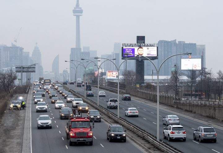 Heavy traffic leaves the downtown core in Toronto on Thursday January 14, 2021.