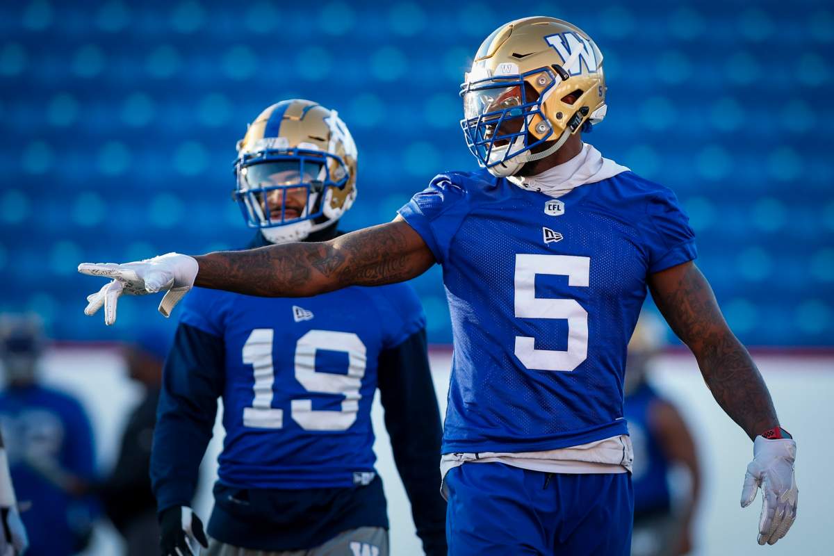Winnipeg Blue Bombers Willie Jefferson, right, and Kyrie Wilson during practice for Sunday's CFL Grey Cup football game in Calgary, Friday, Nov. 22, 2019.