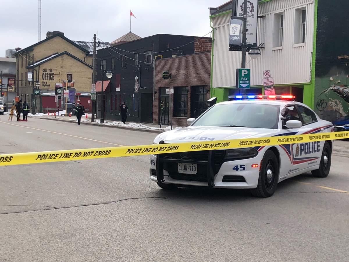 London police block off Clarence Street between King and York streets as officers investigate a crash from Friday morning.