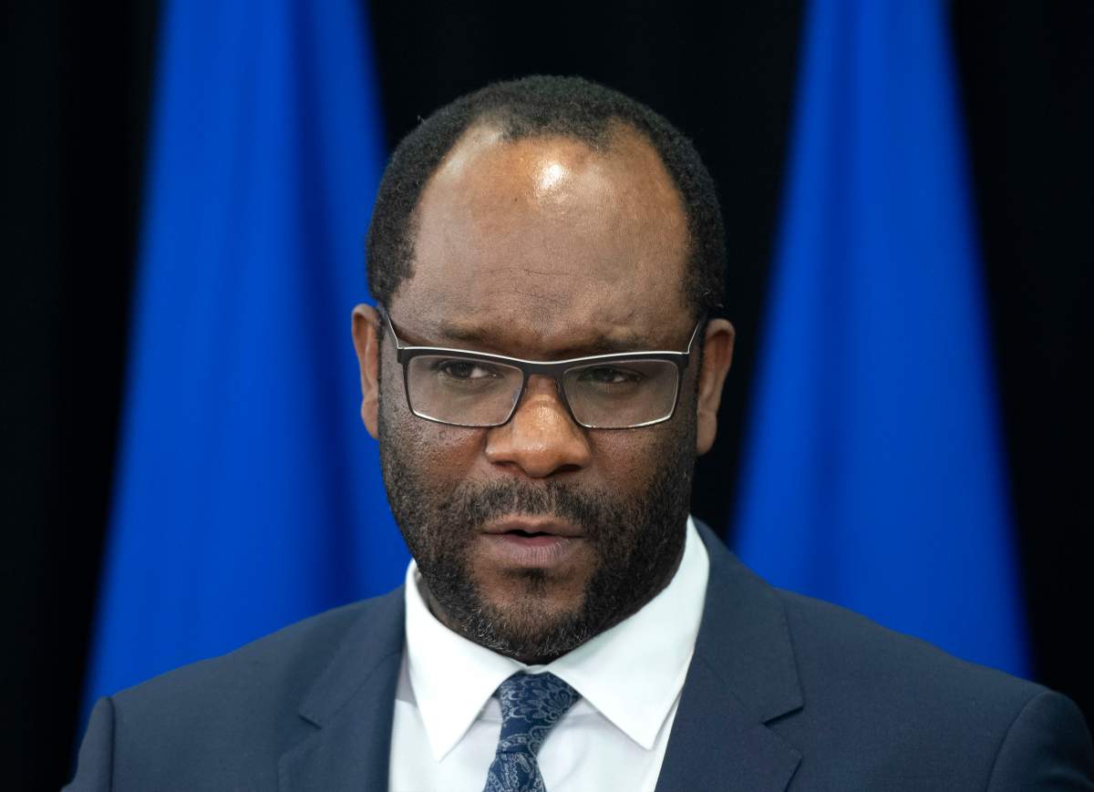 Former Alberta justice minister and solicitor general Kaycee Madu speaking at an Alberta Parole Board update news conference in Edmonton, Alta. on Thursday, January 28, 2021.