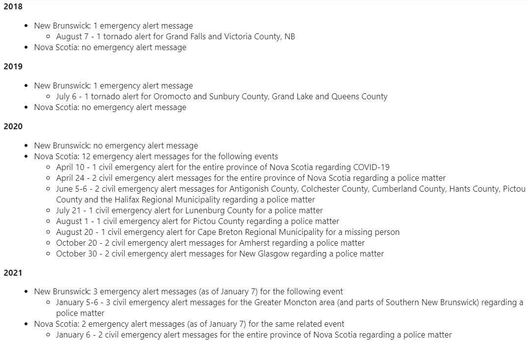 Here is when and why Nova Scotia and New Brunswick have issued emergency alerts since 2018.