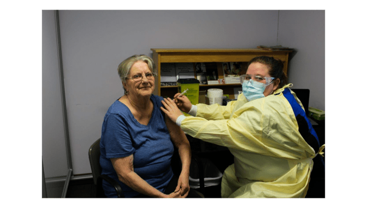 Nora Foster, a 71-year-old resident of Golden Dawn Senior Citizen Home in Lion’s Head, Ont., is Bruce County’s first person to be inoculated.