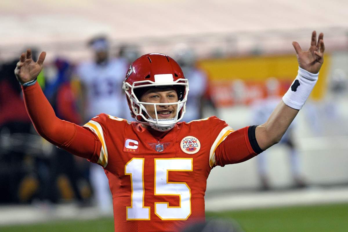 Kansas City Chiefs quarterback Patrick Mahomes celebrates at the end of the AFC championship NFL football game against the Buffalo Bills, Sunday, Jan. 24, 2021, in Kansas City, Mo. The Chiefs won 38-24.