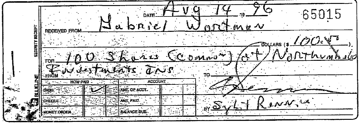 Handwritten receipt prepared by Gabriel Wortman for $100 cash payment made to Sybil Rennie in exchange for her shares of Northumberland Investments Inc.