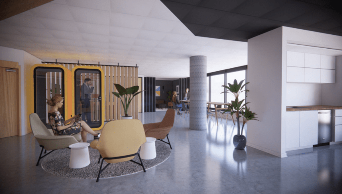 A rendering of Hub350 in the Kanata North tech park, set to open in summer 2021, mocked up by Linebox Studios.