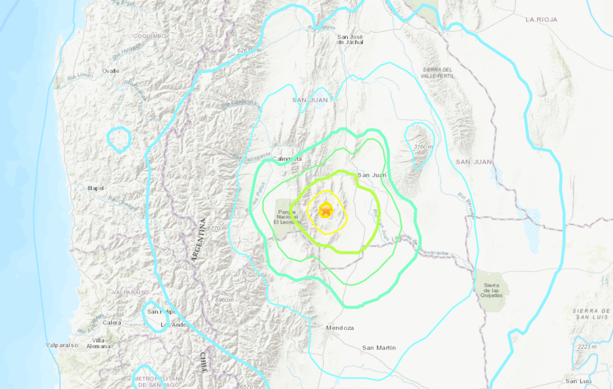 The epicentre of a 6.4 magnitude earthquake in Argentina on Jan. 18, 2020.